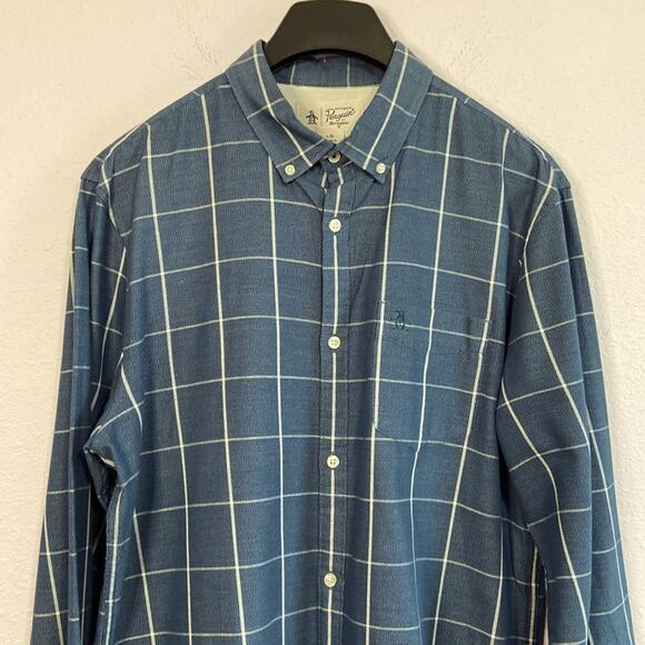 Penguin by Munsingwear Men Blue/White Plaid Pattern Polo Long Sleeve Size L - Picture 3 of 10